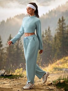 Exploreva Women's Solid Color Zip-Up Cropped Sweatshirt And Pants Outdoor Set - Blue - View 6