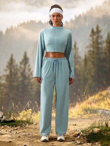 Exploreva Women's Solid Color Zip-Up Cropped Sweatshirt And Pants Outdoor Set - Blue - View 4