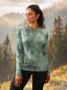 Exploreva Women's Tie-Dye Outdoor Green Crew Neck Long Sleeve T-Shirt - Green - View 4