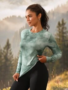 Exploreva Women's Tie-Dye Outdoor Green Crew Neck Long Sleeve T-Shirt - Green - View 1