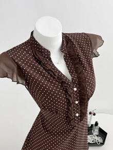 Elamini Summer Polka‑Dot Ruffle Collar French‑Vintage Style Elegant Dress High Tea Date Brown And White Polka Dot - Khaki - View 4