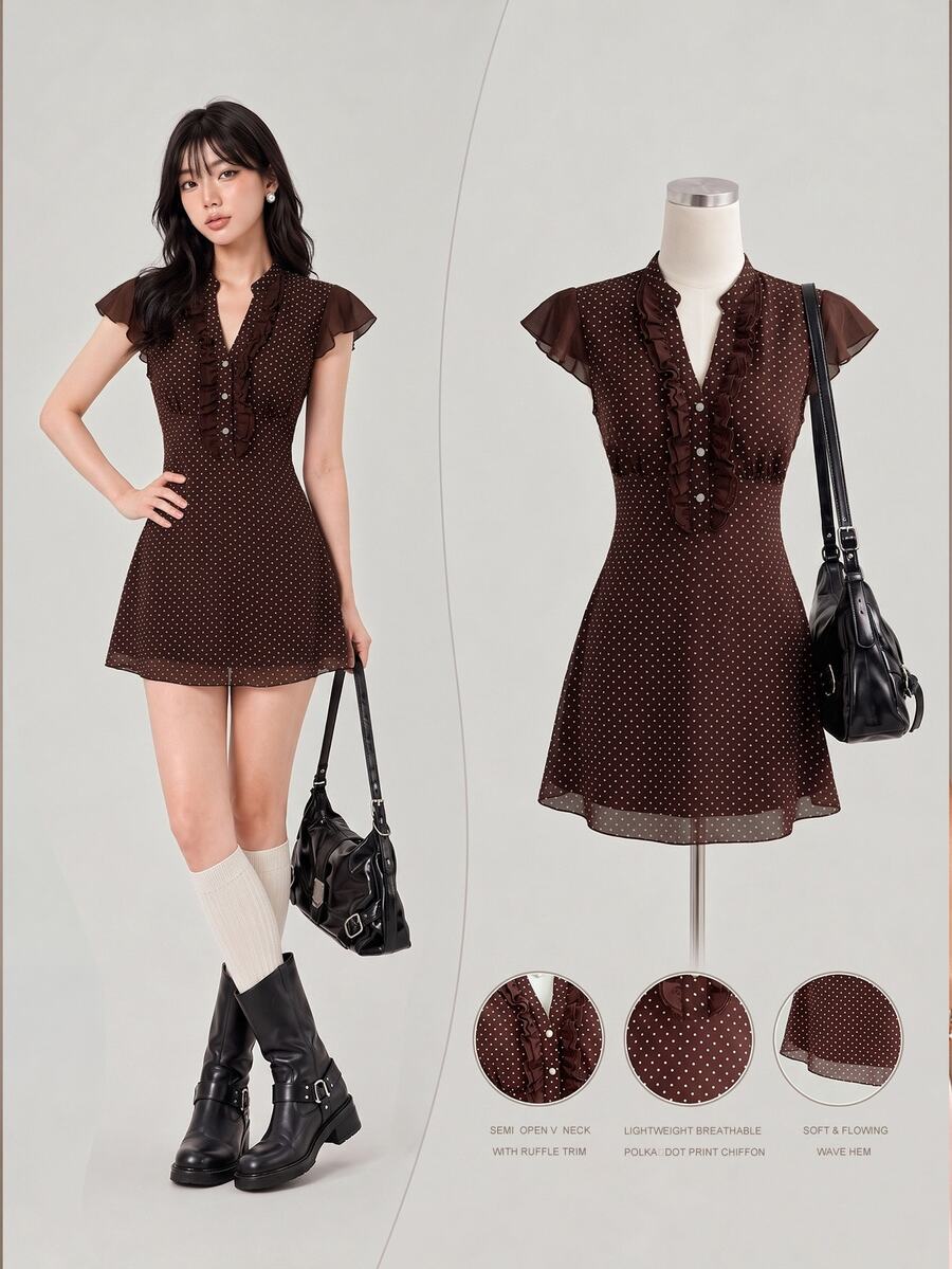 Elamini Summer Polka‑Dot Ruffle Collar French‑Vintage Style Elegant Dress High Tea Date Brown And White Polka Dot - Khaki - View 1