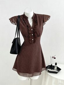 Elamini Summer Polka‑Dot Ruffle Collar French‑Vintage Style Elegant Dress High Tea Date Brown And White Polka Dot - Khaki - View 3