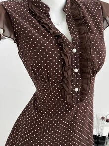 Elamini Summer Polka‑Dot Ruffle Collar French‑Vintage Style Elegant Dress High Tea Date Brown And White Polka Dot - Khaki - View 6