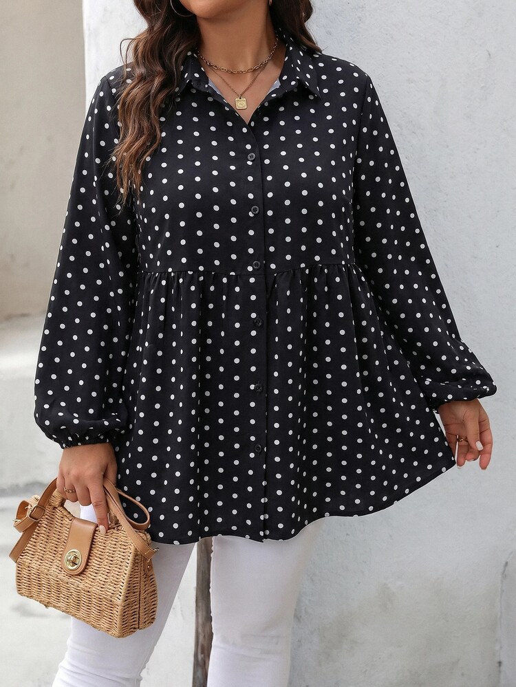 Comfylo Plus Size Casual 1960s Commute Office Formal Polka Dot Print Shirt Autumn - Black and White - View 3