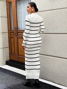 MaterniWear Maternity White Polo Collar Long Sleeve Fitted Knit Dress Winter Work Babyshower For Women Fall Casual Swaggy Baggy - Black and White - View 3