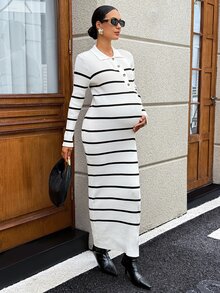 MaterniWear Maternity White Polo Collar Long Sleeve Fitted Knit Dress Winter Work Babyshower For Women Fall Casual Swaggy Baggy - Black and White - View 5