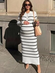 MaterniWear Maternity White Polo Collar Long Sleeve Fitted Knit Dress Winter Work Babyshower For Women Fall Casual Swaggy Baggy - Black and White - View 2