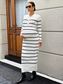 MaterniWear Maternity White Polo Collar Long Sleeve Fitted Knit Dress Winter Work Babyshower For Women Fall Casual Swaggy Baggy - Black and White - View 8