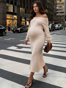 MaterniWear 優雅時尚珠飾露肩針織孕婦洋裝，適合秋季拍照，孕婦粉色 - 卡其色 - 查看 2