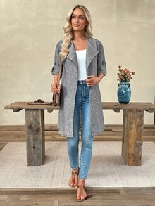 EMERY ROSE Women's Fall Autumn/Winter Casual Fashion Daily Commute Linen Look Large Lapel Roll Tab Sleeve Long Coat - Grey - View 5