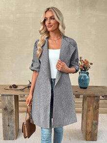 EMERY ROSE Women's Fall Autumn/Winter Casual Fashion Daily Commute Linen Look Large Lapel Roll Tab Sleeve Long Coat - Grey - View 4