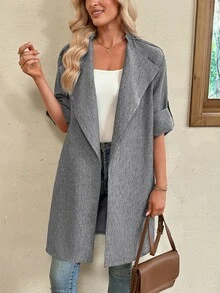 EMERY ROSE Women's Fall Autumn/Winter Casual Fashion Daily Commute Linen Look Large Lapel Roll Tab Sleeve Long Coat - Grey - View 8