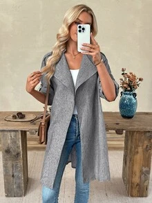 EMERY ROSE Women's Fall Autumn/Winter Casual Fashion Daily Commute Linen Look Large Lapel Roll Tab Sleeve Long Coat - Grey - View 6