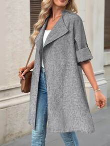 EMERY ROSE Women's Fall Autumn/Winter Casual Fashion Daily Commute Linen Look Large Lapel Roll Tab Sleeve Long Coat - Grey - View 9