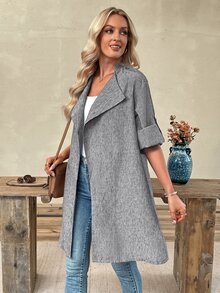 EMERY ROSE Women's Fall Autumn/Winter Casual Fashion Daily Commute Linen Look Large Lapel Roll Tab Sleeve Long Coat - Grey - View 7