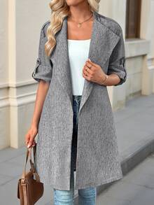 EMERY ROSE Women's Fall Autumn/Winter Casual Fashion Daily Commute Linen Look Large Lapel Roll Tab Sleeve Long Coat - Grey - View 10
