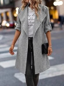 EMERY ROSE Women's Fall Autumn/Winter Casual Fashion Daily Commute Linen Look Large Lapel Roll Tab Sleeve Long Coat - Grey - View 3