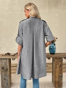 EMERY ROSE Women's Fall Autumn/Winter Casual Fashion Daily Commute Linen Look Large Lapel Roll Tab Sleeve Long Coat - Grey - View 2