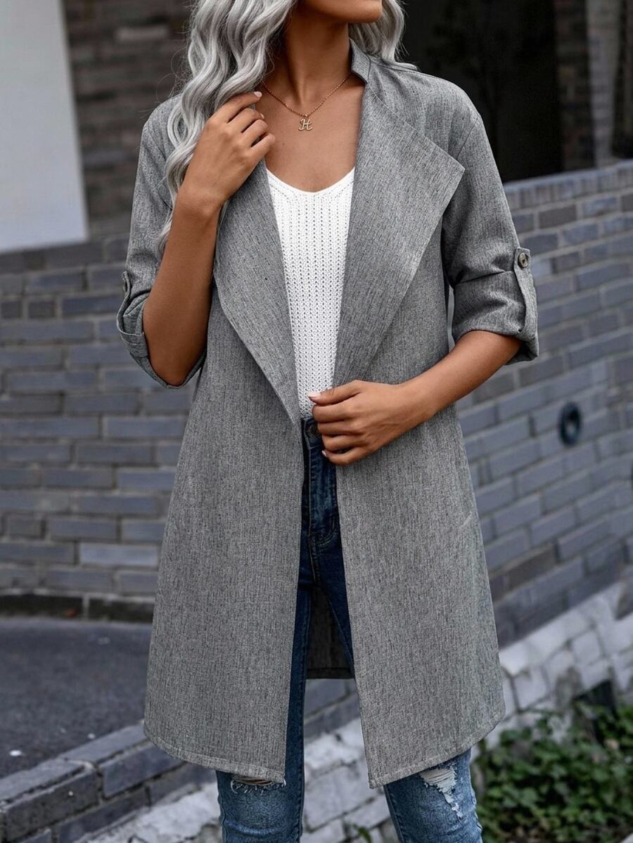 EMERY ROSE Women's Fall Autumn/Winter Casual Fashion Daily Commute Linen Look Large Lapel Roll Tab Sleeve Long Coat - Grey - View 1
