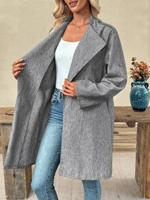 EMERY ROSE Women's Fall Autumn/Winter Casual Fashion Daily Commute Linen Look Large Lapel Roll Tab Sleeve Long Coat - Grey - View 11
