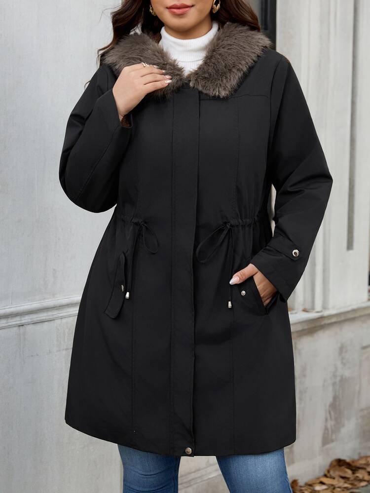 SHEIN Clasi Plus Size Women's Fur Collar Long Sleeve Drawstring Waist Casual Jacket - Black - View 4