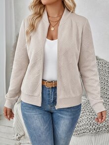 SHEIN PETITE CURVE Plus Size Women Solid Color Long Sleeve Zipper Front Casual Baseball Jacket - Khaki - View 6