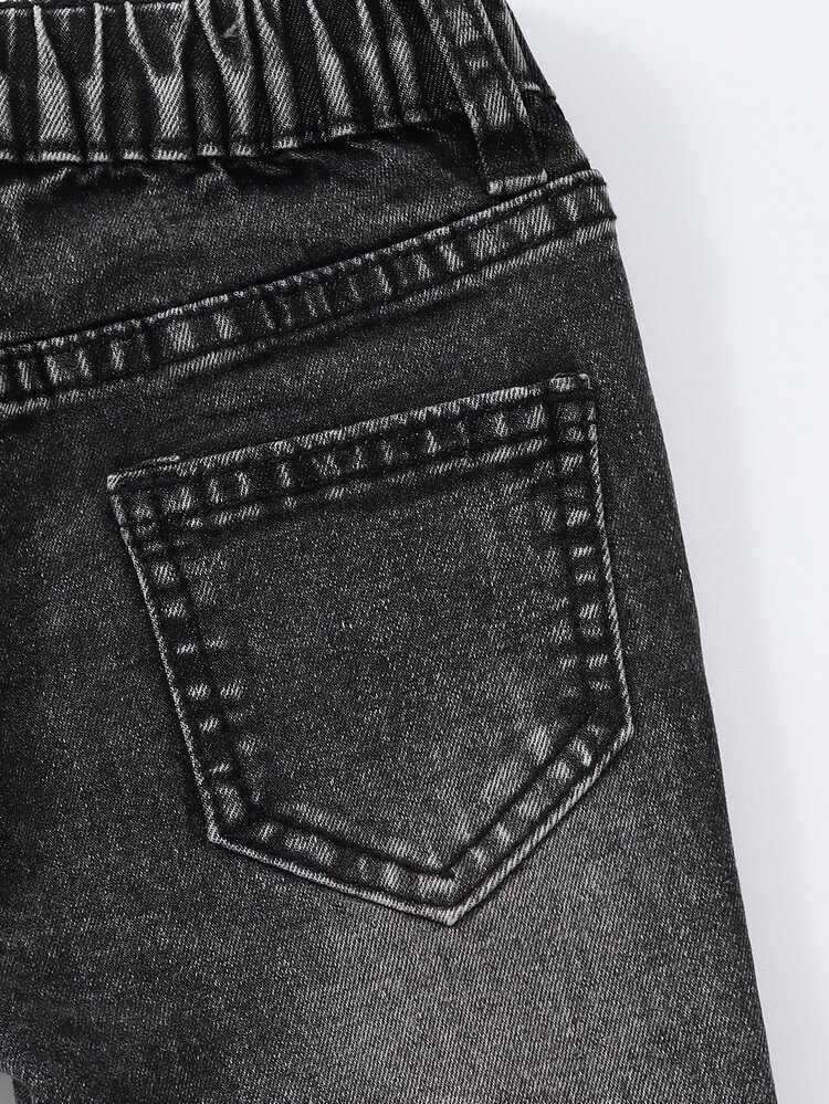 SHEIN Explorewe Young Girl Button Pocket Applique Embroidered Denim Flare Pants - Dark Grey - View 5