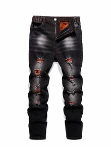 SHEIN Cool Tween Boy Fashion Distressed Denim Jeans, All-Match Commuter Streetwear Versatile Vintage Black Denim Long Pants Autumn Winter - Black - View 8