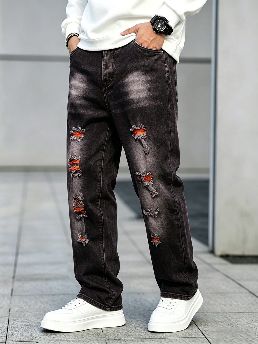 SHEIN Cool Tween Boy Fashion Distressed Denim Jeans, All-Match Commuter Streetwear Versatile Vintage Black Denim Long Pants Autumn Winter - Black - View 1