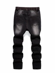 SHEIN Cool Tween Boy Fashion Distressed Denim Jeans, All-Match Commuter Streetwear Versatile Vintage Black Denim Long Pants Autumn Winter - Black - View 2