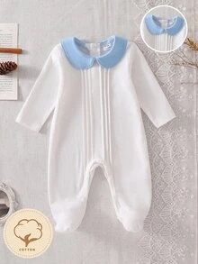 SHEIN Newborn White Solid Color Minimalist Fashion Elegant Long Sleeve Long Footed Romper Loungewear - White - View 6
