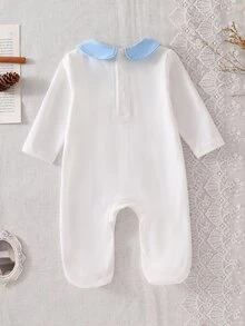 SHEIN Newborn White Solid Color Minimalist Fashion Elegant Long Sleeve Long Footed Romper Loungewear - White - View 2