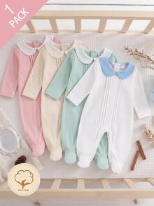 SHEIN Newborn White Solid Color Minimalist Fashion Elegant Long Sleeve Long Footed Romper Loungewear - White - View 5