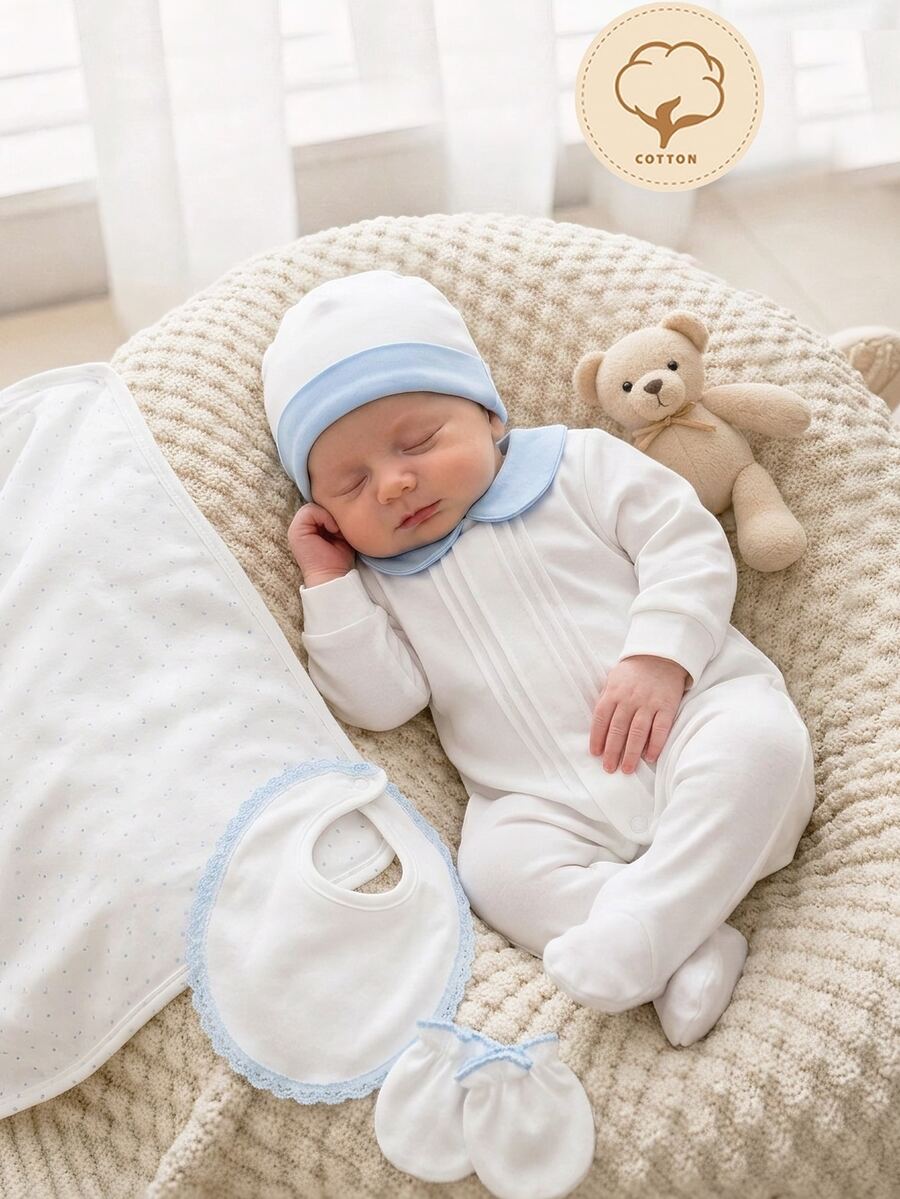 SHEIN Newborn White Solid Color Minimalist Fashion Elegant Long Sleeve Long Footed Romper Loungewear - White - View 1