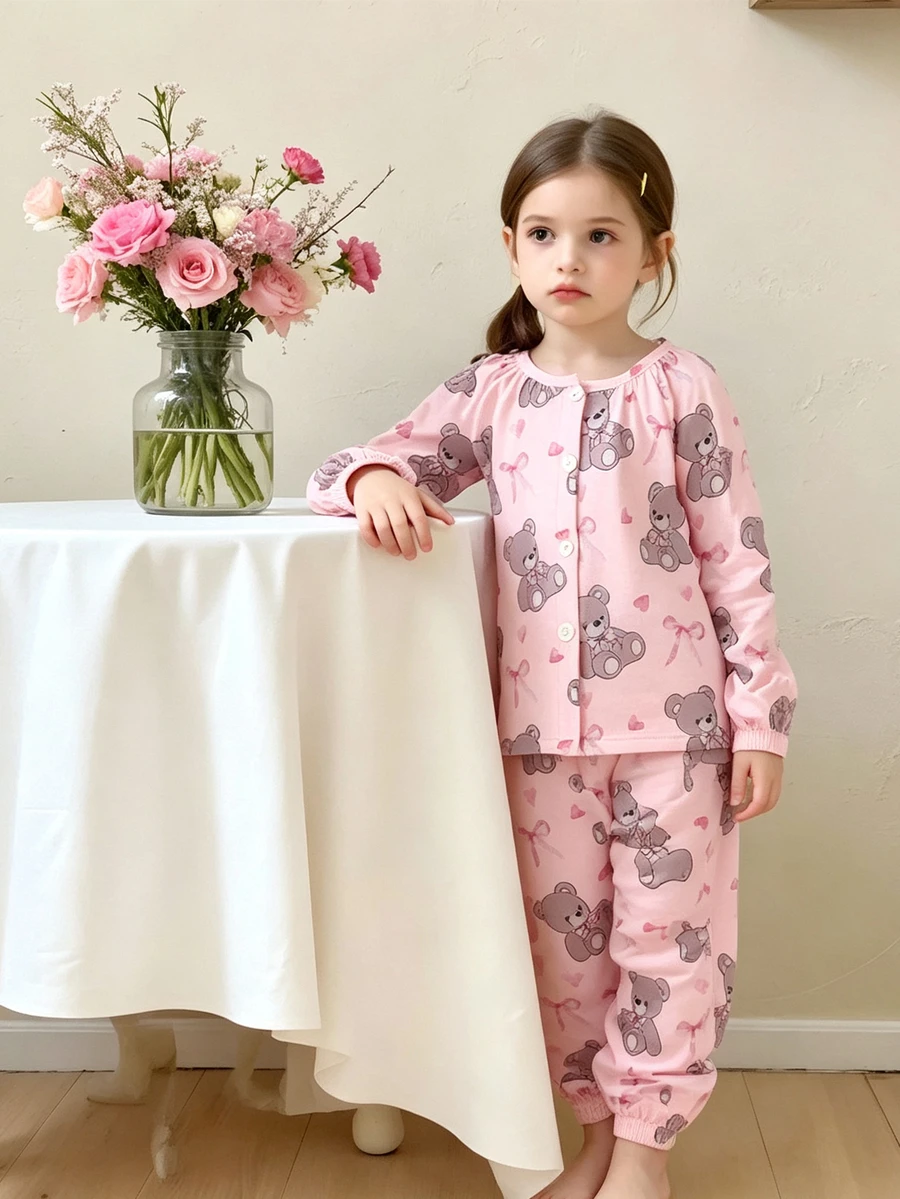 2件組女童幼兒熊圖案粉色長袖長褲睡衣套裝,彈性袖口與褲腳家居服 - 淺粉色 - 查看 1