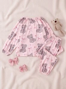 2件組女童幼兒熊圖案粉色長袖長褲睡衣套裝，彈性袖口與褲腳家居服 - 淺粉色 - 查看 2