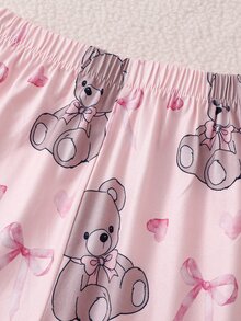 2件組女童幼兒熊圖案粉色長袖長褲睡衣套裝，彈性袖口與褲腳家居服 - 淺粉色 - 查看 5