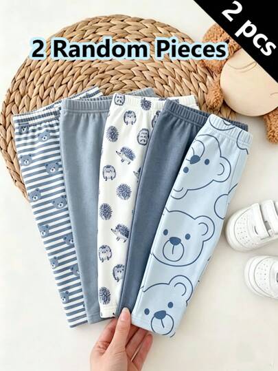 2pcs Baby Boys Pants Cute Blue Blue Checkered Bear Print Slim Elastic Waist Daily Vacation School Back To School Versatile Soft Casual Soft Form Smart