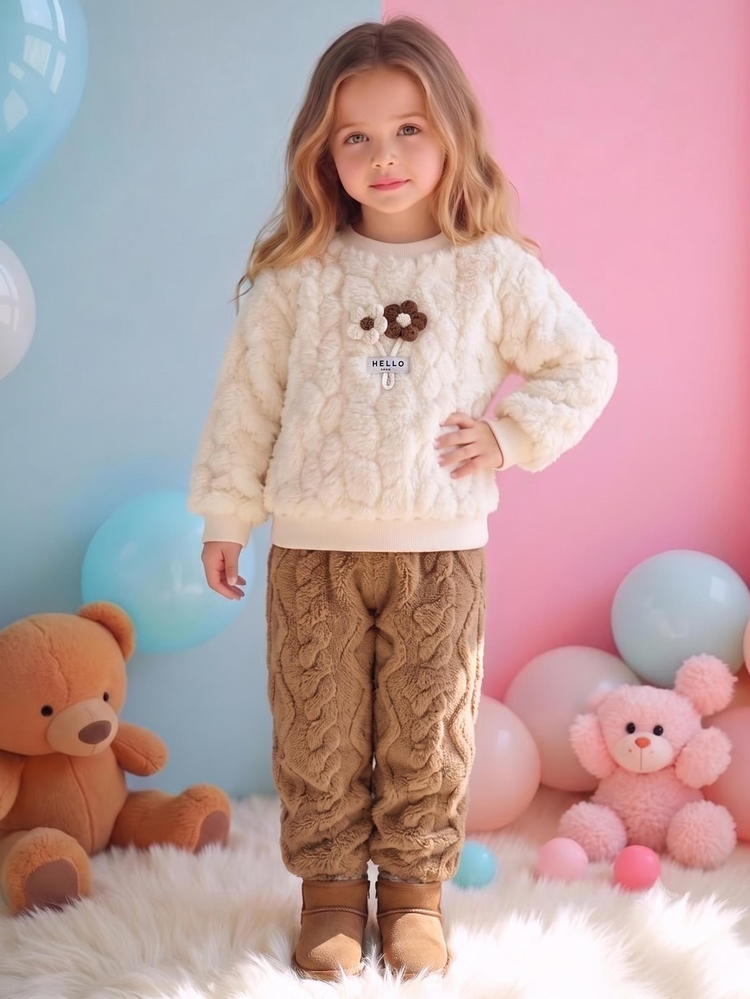SHEIN YOUNG GIRL Autumn/Winter Apricot Jacquard Fuzzy Pullover Set, Cute 3D Floral Design, Elastic Cuffs And Hem, Essential For Daily Wear And Outings - Brown - View 4