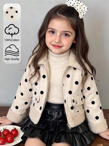 Elladie kids 女童返校季時尚學院風米色底小圓點拉鍊開襟羊羔毛加厚夾克，翻領毛絨面料，拉鍊式假口袋設計，復古可愛，秋冬百搭 - 白色 - 查看 3