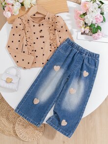 少女可愛韓風甜心印花荷葉邊圓領長袖紋理布料上衣 T-shirt + 心形毛絨貼布直筒寬腿牛仔褲 休閒時尚運動風套裝，適合度假旅行、開學季，春秋冬季穿著 - 卡其色 - 查看 7