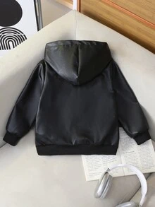 SHEIN Young Boy Motorcycle Cool Pocket Long Sleeve Hooded PU Jacket For Streetwear - Black - View 2