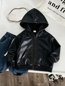 SHEIN Young Boy Motorcycle Cool Pocket Long Sleeve Hooded PU Jacket For Streetwear - Black - View 1