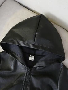 SHEIN Young Boy Motorcycle Cool Pocket Long Sleeve Hooded PU Jacket For Streetwear - Black - View 6