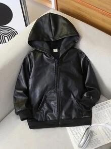 SHEIN Young Boy Motorcycle Cool Pocket Long Sleeve Hooded PU Jacket For Streetwear - Black - View 3