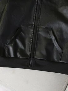 SHEIN Young Boy Motorcycle Cool Pocket Long Sleeve Hooded PU Jacket For Streetwear - Black - View 7