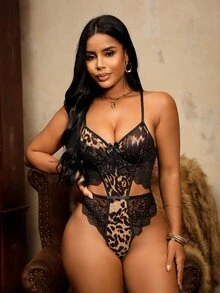 SHEIN 1pc Women's Lace Contrast Mesh Underwire Sexy Jumpsuit - Multicolor - View 4