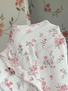 CottageSlumber Rose Pattern U-Back Decorative Pink Bow Jacquard Knit Plus Size Jumpsuit Pajamas - White - View 8