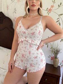 CottageSlumber Rose Pattern U-Back Decorative Pink Bow Jacquard Knit Plus Size Jumpsuit Pajamas - White - View 4